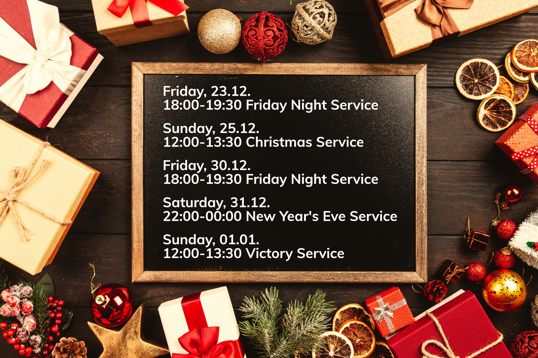 Holiday Service times. Open to read.