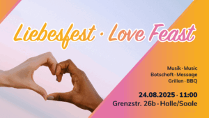 Love Feast 2025 at RPMI. Flyer with a light-skinned and a dark-skinned hand forming a heart.